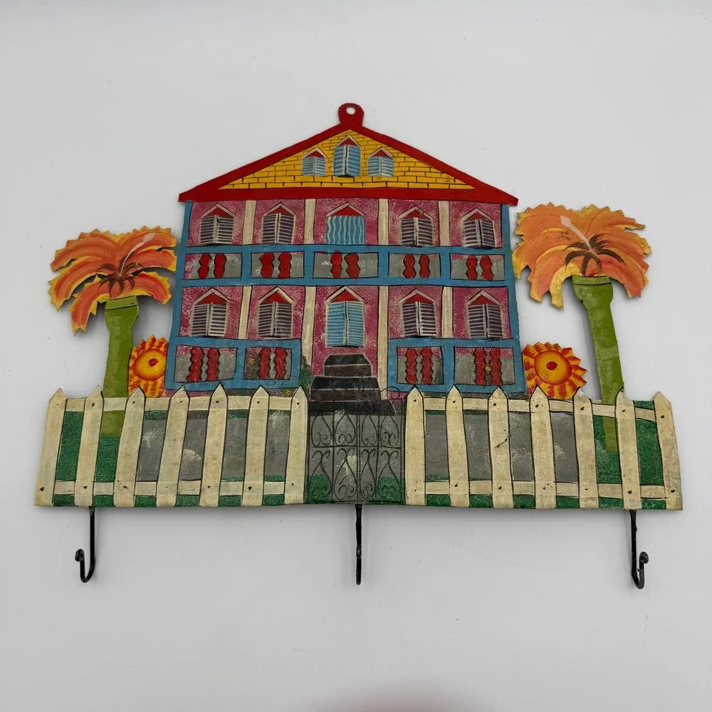 Haitian Metal Folk Art Wall Hanging 3 Hook Key Rack Caribbean House Palm Trees